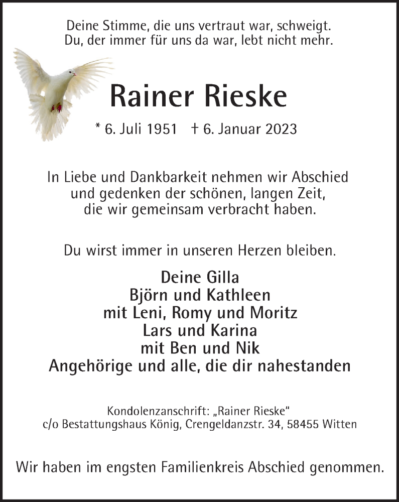  Traueranzeige für Rainer Rieske vom 25.01.2023 aus Tageszeitung