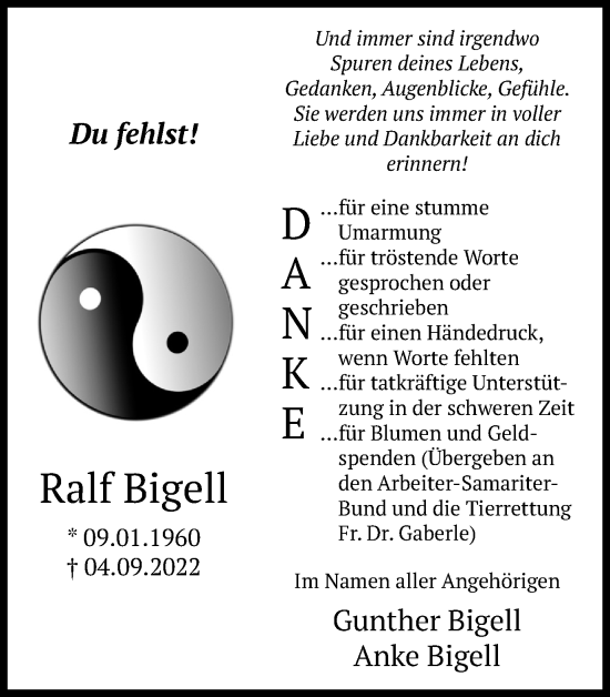 Traueranzeige von Ralf Bigell von Tageszeitung