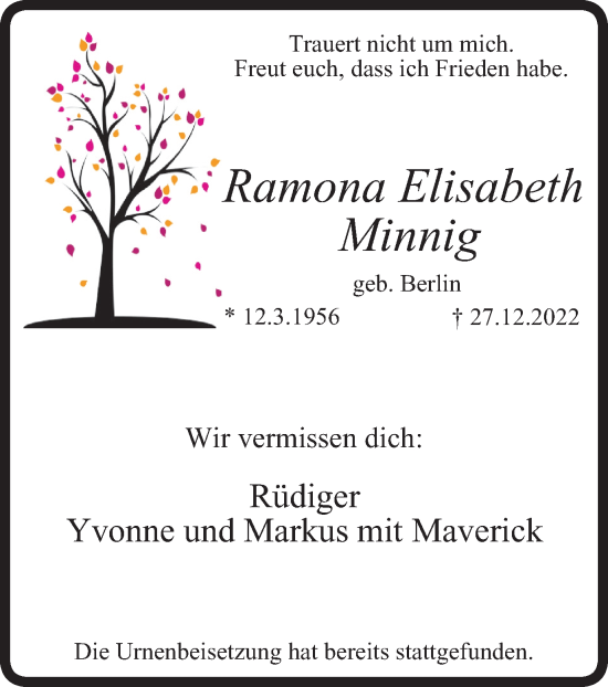 Traueranzeige von Ramona Elisabeth Minnig von WVW Anzeigenblätter