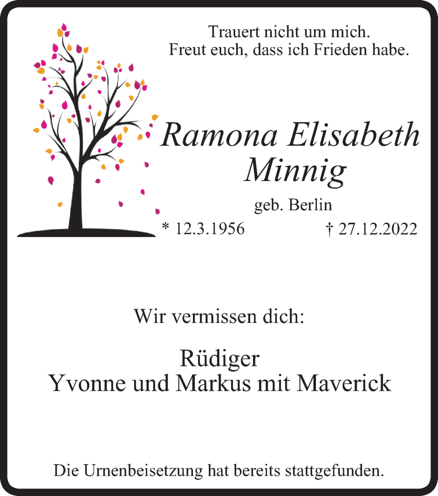  Traueranzeige für Ramona Elisabeth Minnig vom 07.01.2023 aus WVW Anzeigenblätter