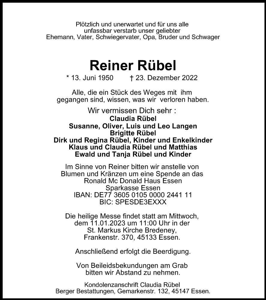  Traueranzeige für Reiner Rübel vom 07.01.2023 aus Tageszeitung