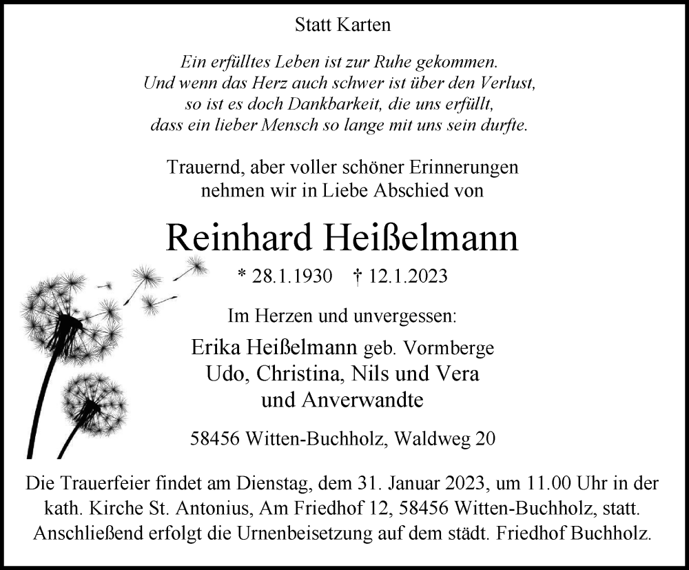  Traueranzeige für Reinhard Heißelmann vom 28.01.2023 aus Tageszeitung