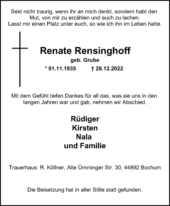 Traueranzeige von Renate Rensinghoff von Tageszeitung