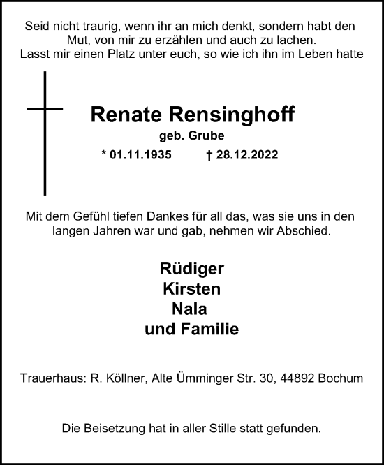 Traueranzeige von Renate Rensinghoff von WVW Anzeigenblätter