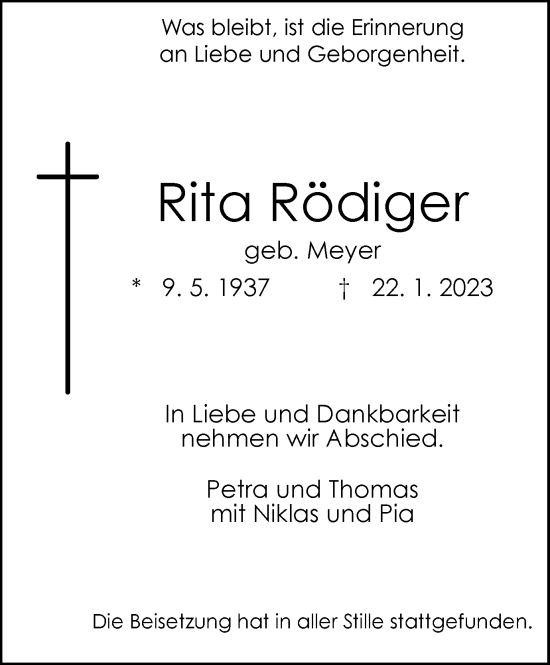 Traueranzeige von Rita Rödiger von WVW Anzeigenblätter