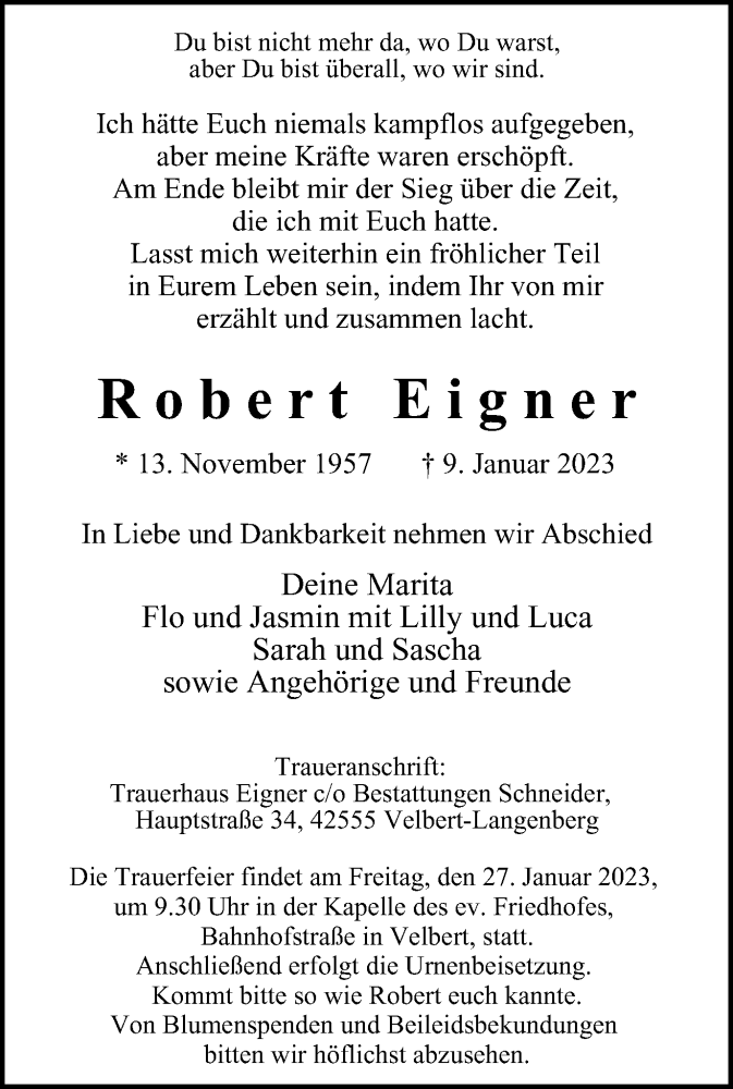  Traueranzeige für Robert Eigner vom 21.01.2023 aus WVW Anzeigenblätter