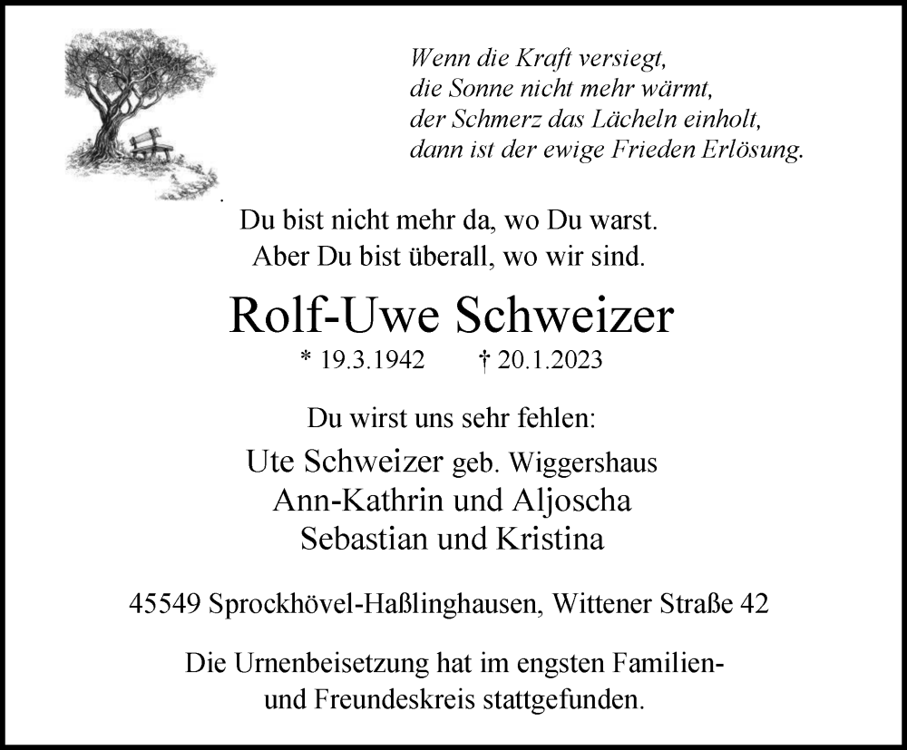  Traueranzeige für Rolf-Uwe Schweizer vom 28.01.2023 aus Tageszeitung
