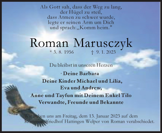 Traueranzeige von Roman Marusczyk von WVW Anzeigenblätter