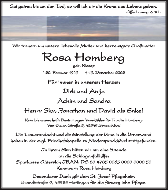 Traueranzeige von Rosa Homberg von WVW Anzeigenblätter