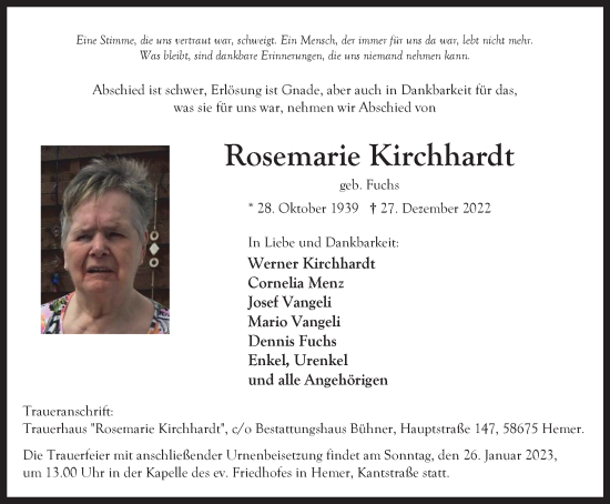Traueranzeige von Rosemarie Kirchhardt von Tageszeitung
