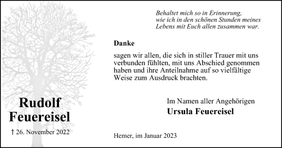 Traueranzeige von Rudolf Feuereisel von Tageszeitung