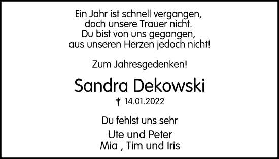 Traueranzeige von Sandra Dekowski von Tageszeitung