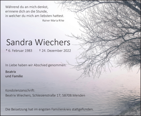 Traueranzeige von Sandra Wiechers von WVW Anzeigenblätter