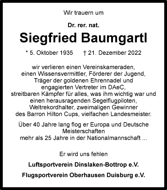 Traueranzeige von Siegfried Baumgartl von Tageszeitung