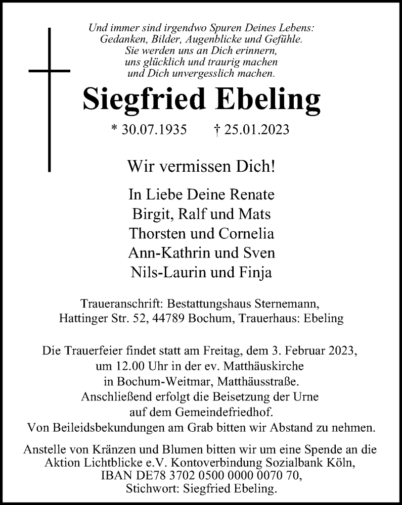  Traueranzeige für Siegfried Ebeling vom 28.01.2023 aus Tageszeitung