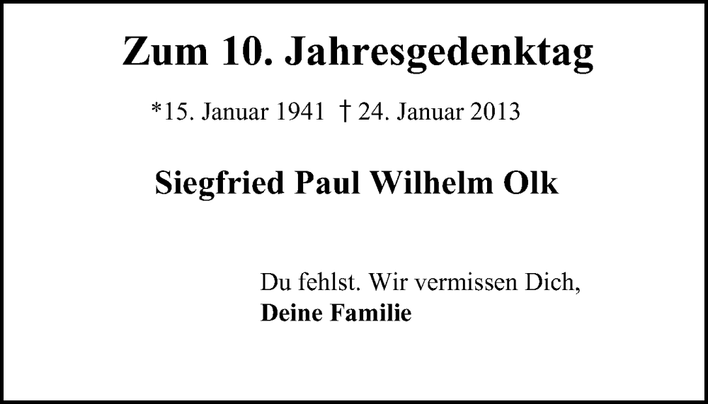  Traueranzeige für Siegfried Paul Wilhelm Olk vom 24.01.2023 aus Tageszeitung