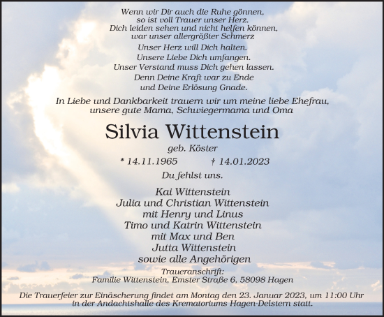 Traueranzeige von Silvia Wittenstein von Tageszeitung