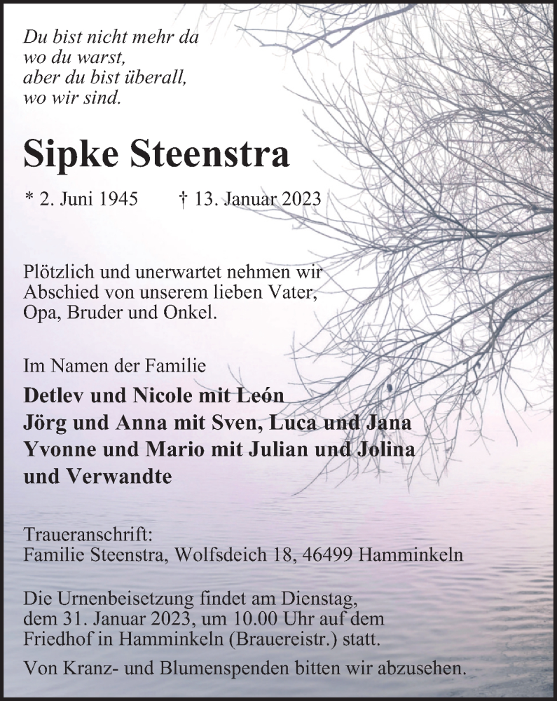  Traueranzeige für Sipke Steenstra vom 24.01.2023 aus Tageszeitung