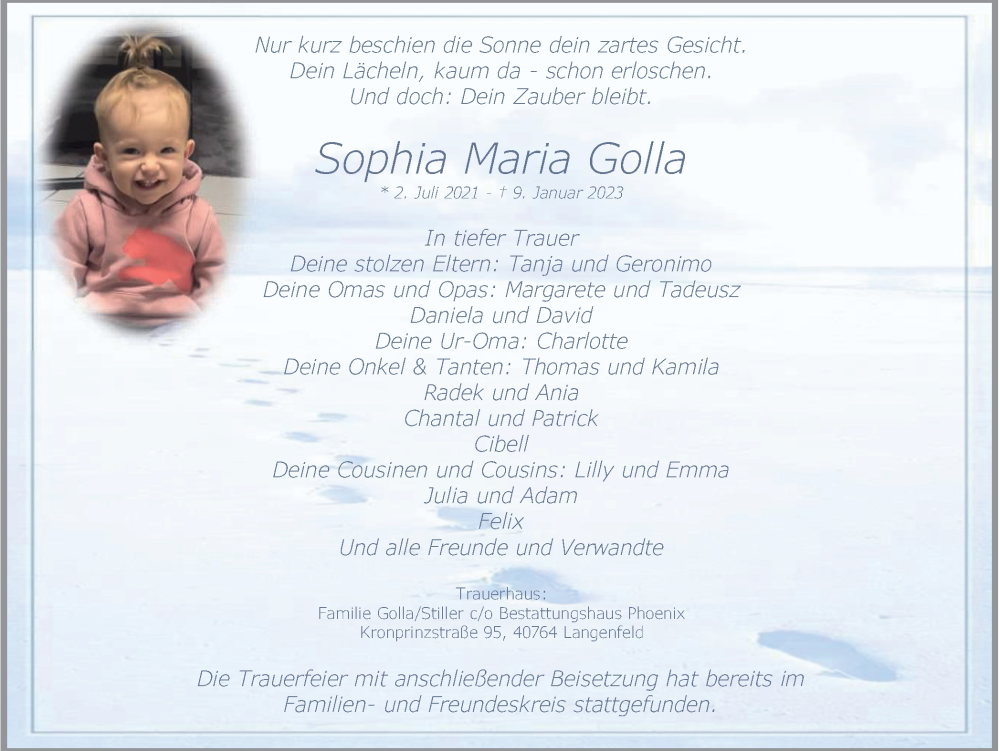  Traueranzeige für Sophia Maria Golla vom 21.01.2023 aus WVW Anzeigenblätter