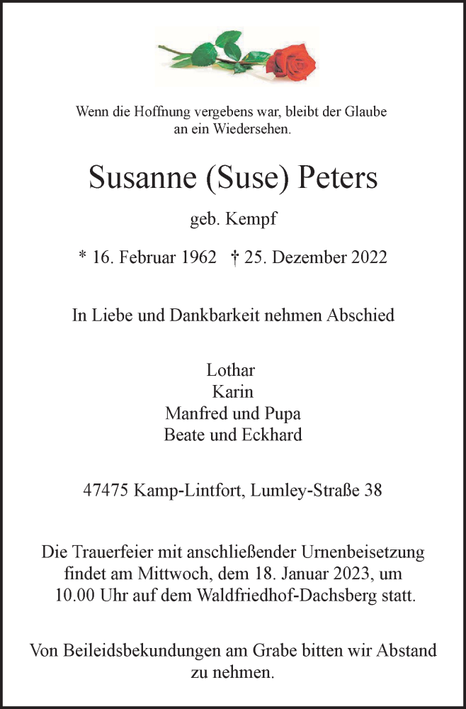  Traueranzeige für Susanne  Peters vom 14.01.2023 aus Tageszeitung