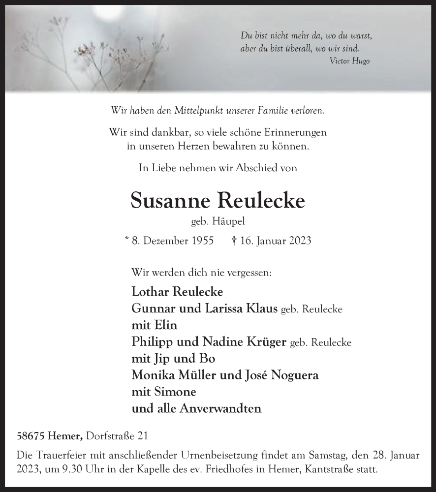 Traueranzeige für Susanne Reulecke vom 21.01.2023 aus Tageszeitung
