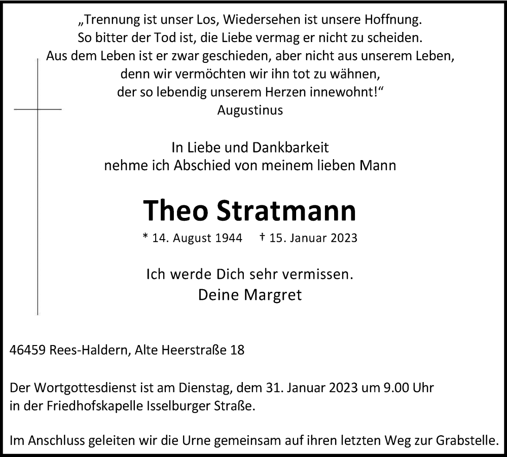  Traueranzeige für Theo Stratmann vom 25.01.2023 aus Tageszeitung