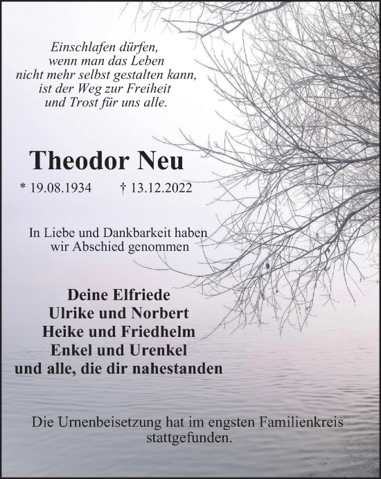 Traueranzeige von Theodor Neu von Tageszeitung