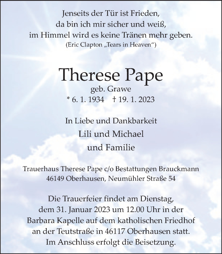  Traueranzeige für Therese Pape vom 28.01.2023 aus WVW Anzeigenblätter