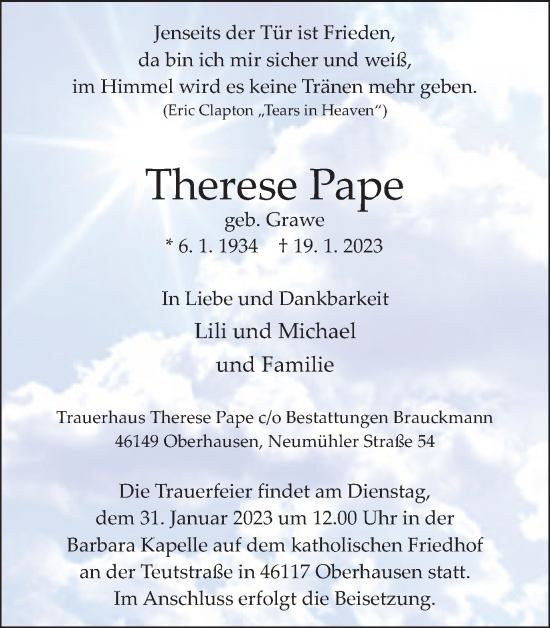 Traueranzeige von Therese Pape von WVW Anzeigenblätter