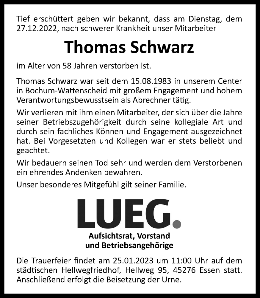  Traueranzeige für Thomas Schwarz vom 21.01.2023 aus Tageszeitung