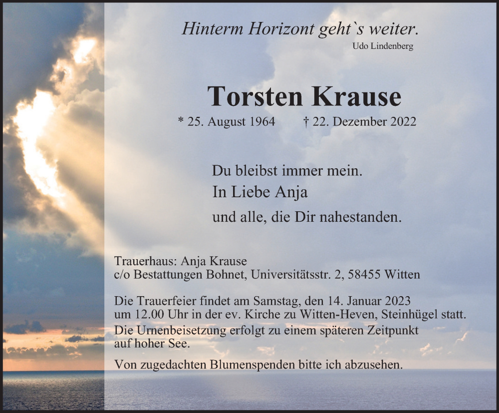  Traueranzeige für Torsten Krause vom 07.01.2023 aus Tageszeitung