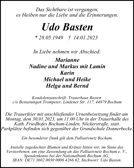 Traueranzeige von Udo Basten von WVW Anzeigenblätter