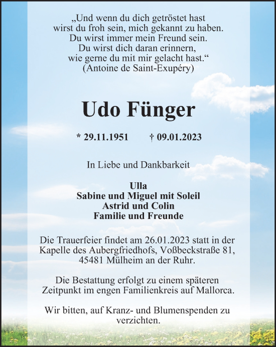 Traueranzeige von Udo Fünger von WVW Anzeigenblätter