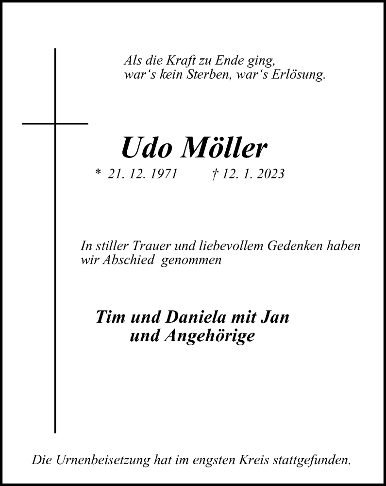  Traueranzeige für Udo Möller vom 30.01.2023 aus Tageszeitung