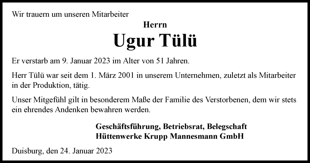  Traueranzeige für Ugur Tülü vom 24.01.2023 aus Tageszeitung