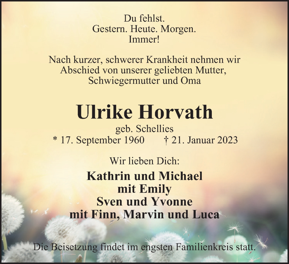  Traueranzeige für Ulrike Horvath vom 28.01.2023 aus WVW Anzeigenblätter