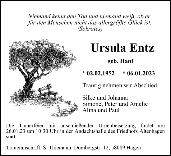 Traueranzeige von Ursula Entz von Tageszeitung