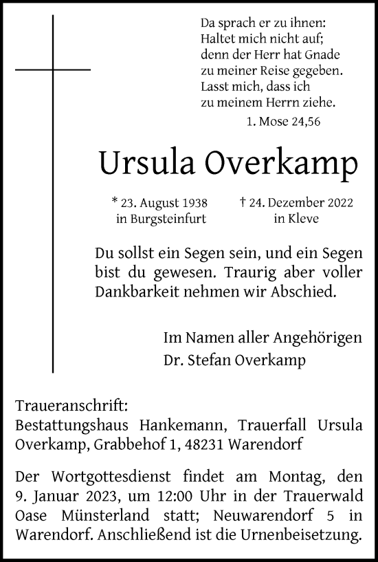 Traueranzeige von Ursula Overkamp von WVW Anzeigenblätter