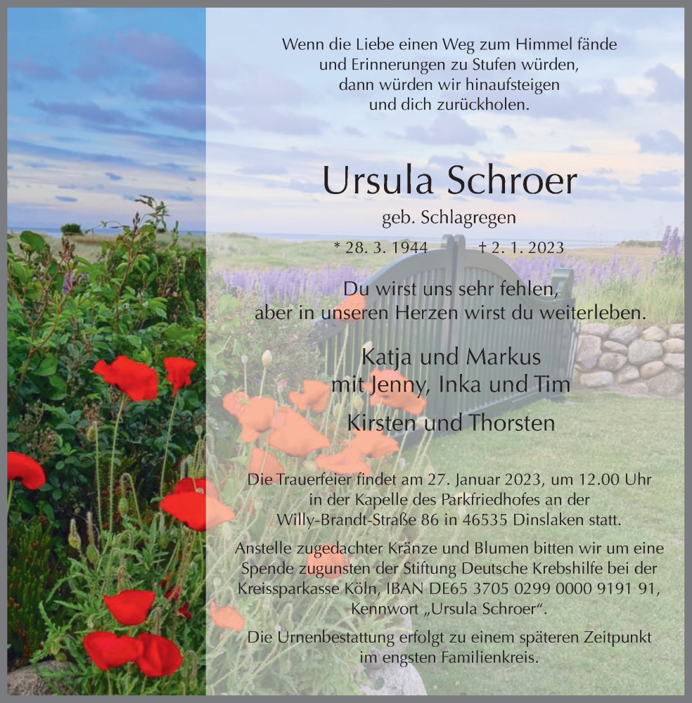  Traueranzeige für Ursula Schroer vom 21.01.2023 aus WVW Anzeigenblätter