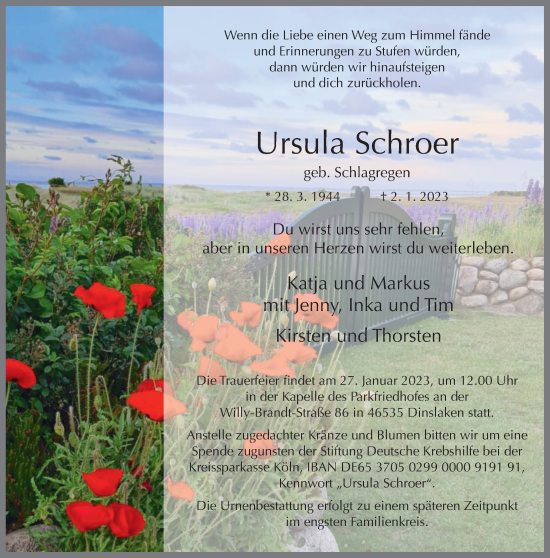 Traueranzeige von Ursula Schroer von WVW Anzeigenblätter