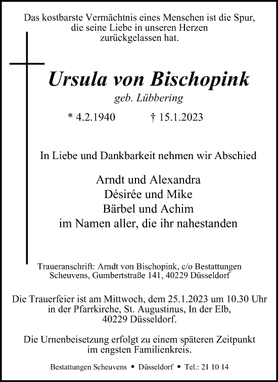 Traueranzeige von Ursula von Bischopink von Tageszeitung