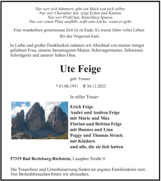 Traueranzeige von Ute Feige von Tageszeitung
