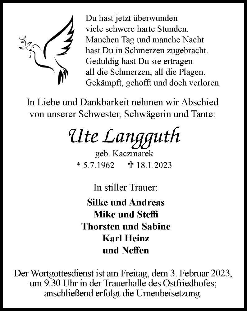  Traueranzeige für Ute Langguth vom 28.01.2023 aus WVW Anzeigenblätter