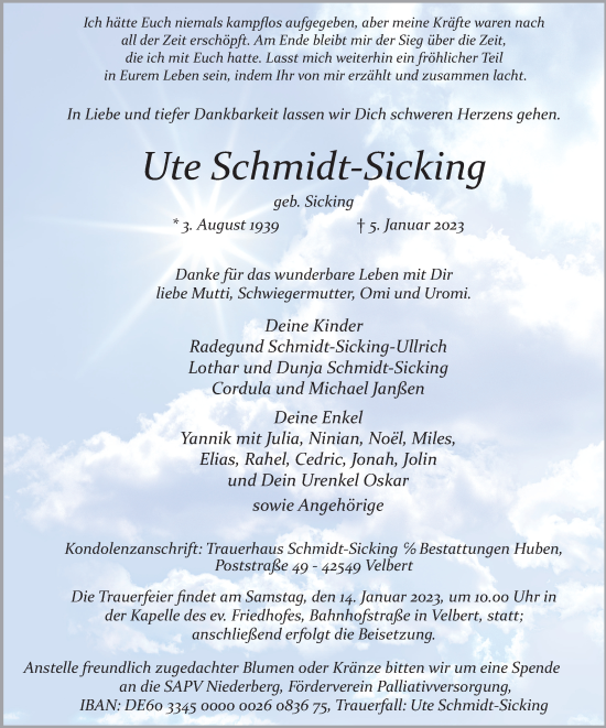 Traueranzeige von Ute Schmidt-Sicking von WVW Anzeigenblätter