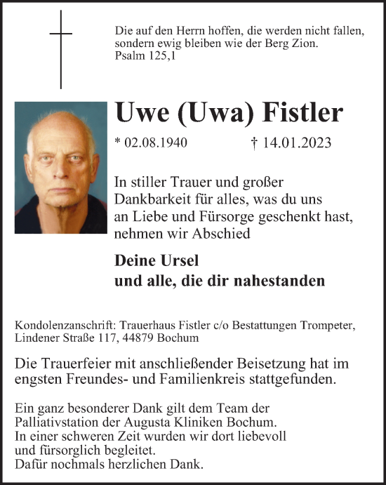 Traueranzeige von Uwe Fistler von Tageszeitung
