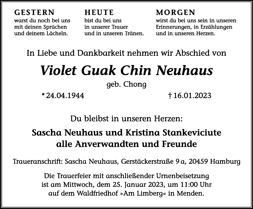  Traueranzeige für Violet Guak Chin Neuhaus vom 21.01.2023 aus WVW Anzeigenblätter