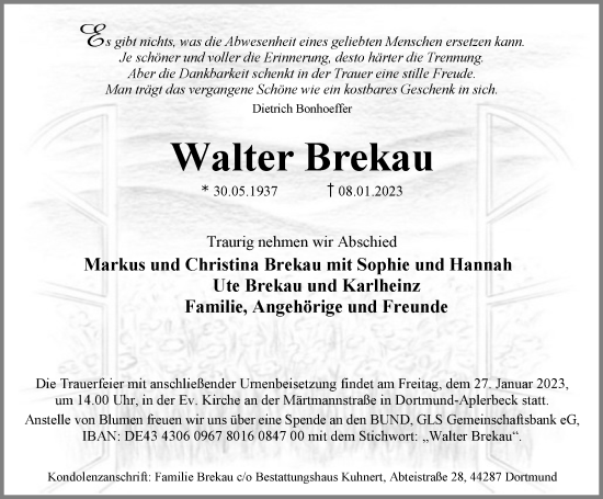 Traueranzeige von Walter Brekau von Tageszeitung