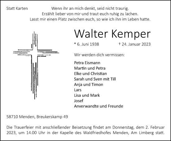 Traueranzeige von Walter Kemper von WVW Anzeigenblätter