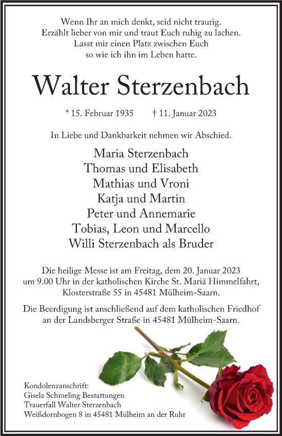 Traueranzeige von Walter Sterzenbach von Tageszeitung