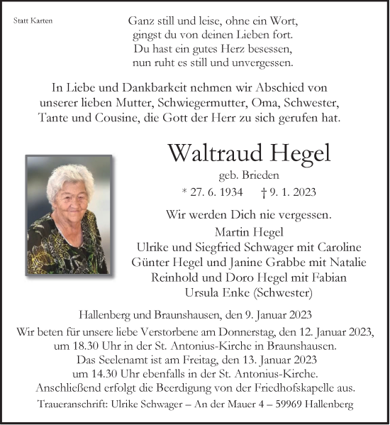 Traueranzeige von Waltraud Hegel von Tageszeitung